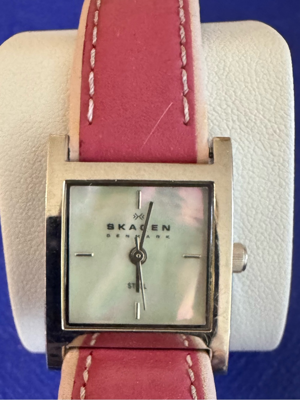 Vintage Skagen Silver Square Case Watch with Pink Leather Strap — See Notes